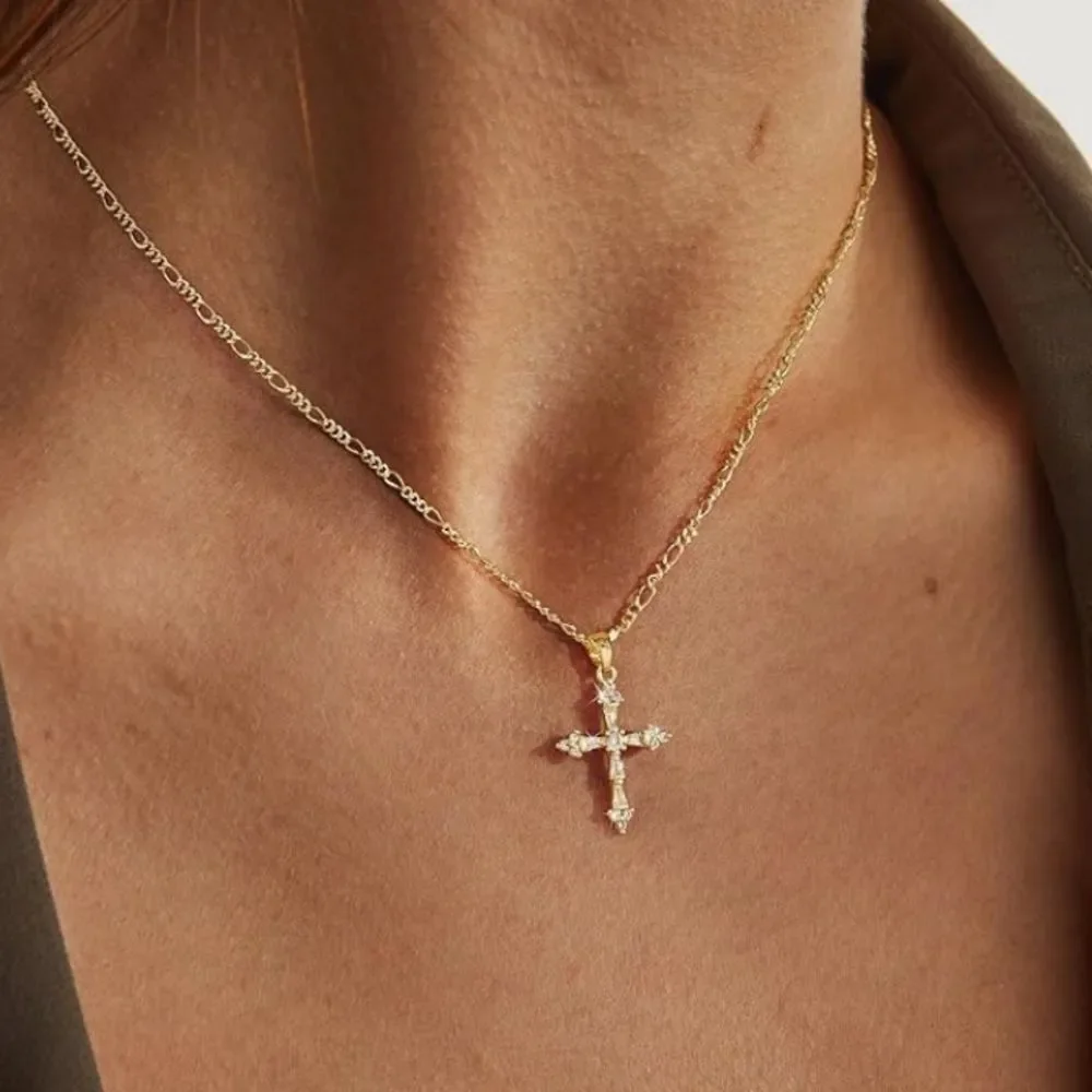 14K Gold Plated Cross Pendant Necklace Dainty Chain Simulated Diamond Preppy - Picture 6 of 6